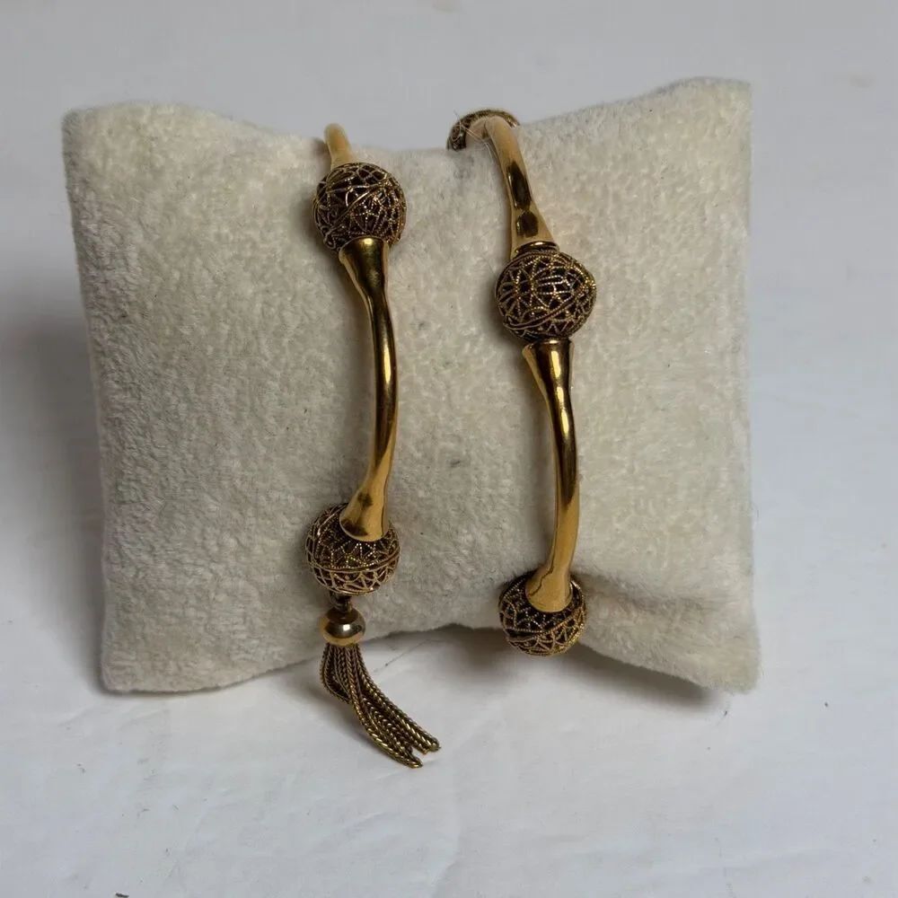 Vintage Gold Tone Etruscan Revival Double Bypass Wrap Cuff Bracelet Tassels